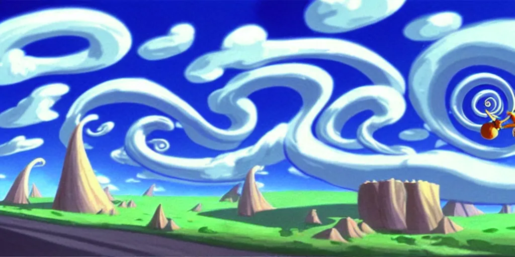 Image similar to cartoon concept art, blue sky spiral clouds, from sam and max