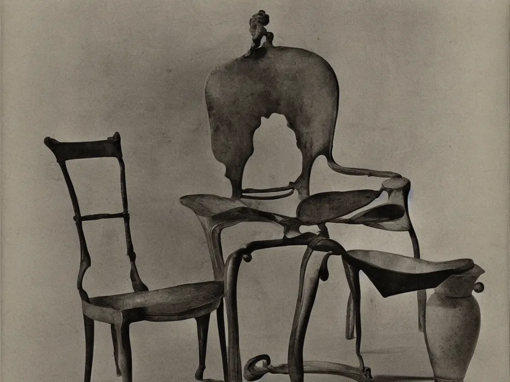 Image similar to renaissance marble chair with vase, pot, jug. karl blossfeldt, salvador dali
