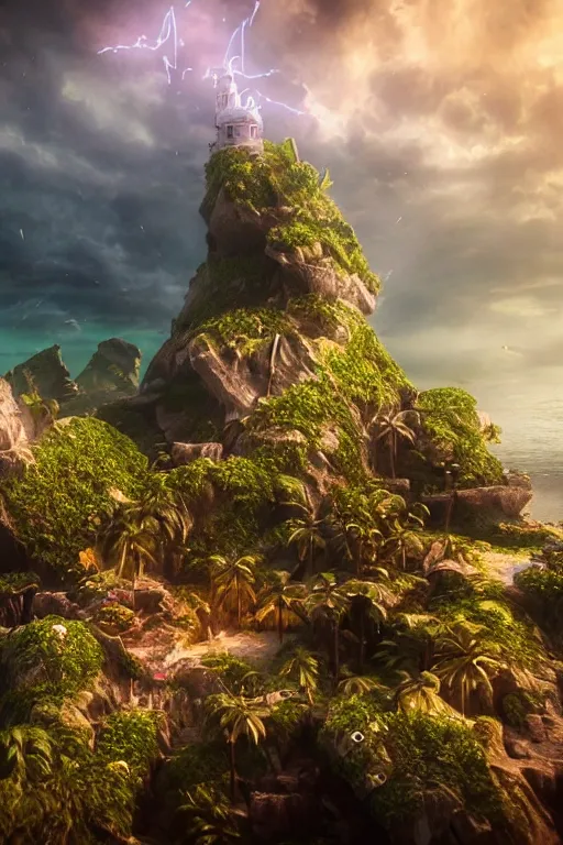 Image similar to a tiny magical island in the ocean, dramatic lighting, cinematic, establishing shot, extremely high detail, foto realistic, cinematic lighting, post processed, concept art, high details, cinematic, 8k resolution, beautiful detailed, photorealistic, digital painting, artstation, concept art, smooth, sharp focus, artstation trending, octane render, unreal engine