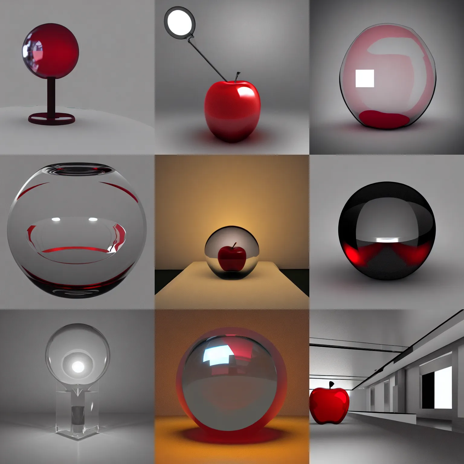 Prompt: refractive transparent clear glass apple, red spotlight, dark lighting, reflective surface, autodesk 3ds max