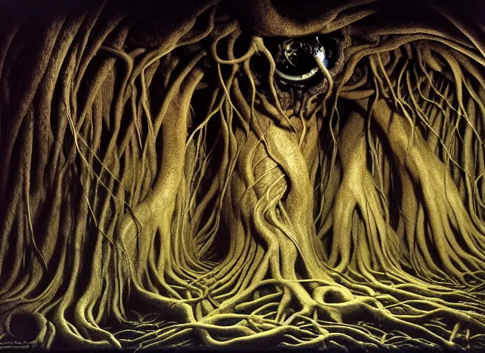 Image similar to photo of roots growing down from a ceiling in an underground cavern wrapped around a severed eyeball. Fantasy magic horror style. Highly detailed 8k. Intricate. Nikon d850 55mm. Award winning photography. Hr giger. Zdzislaw beksinski