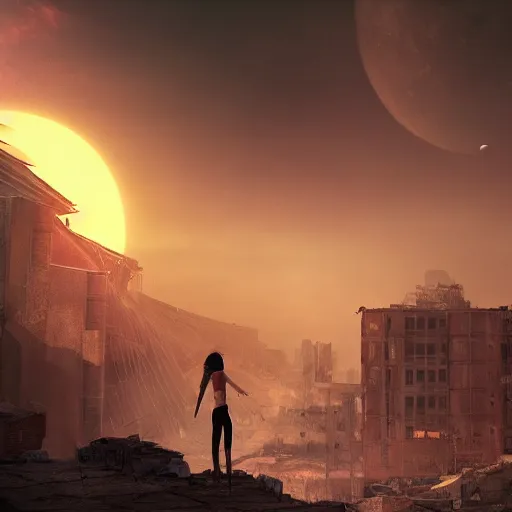 Image similar to A beautiful picture of a suicidal girl against the background of ruins of a destroyed city and a yellow -red moon, artstation, extremely detailed, stunning volumetric lighting, atmosphere, hyper realism