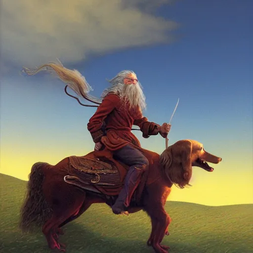 Prompt: Highly detailed oil painting of Gandalf the White riding a dachshund, intricate artwork by Angus McBride, John Howe, Matthew Stewart, Ted Nasmith, heroic fantasy