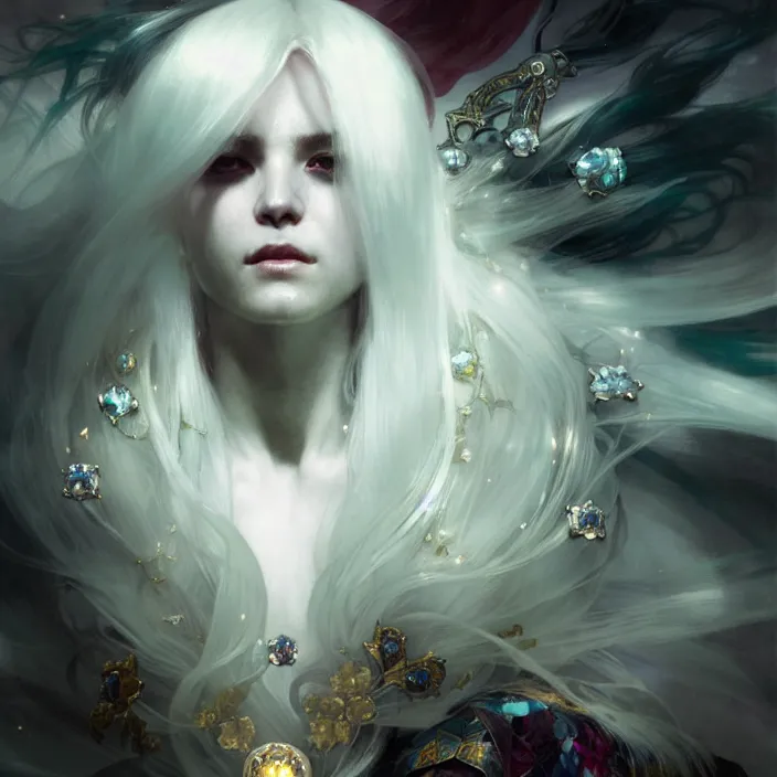 Image similar to a beatiful white haired princess, adorned with precious stone jewelry, intricate concept art, ethereal, ominous, dramatic lighting, Ruan Jia and Jeremy Mann and Alphonse Mucha