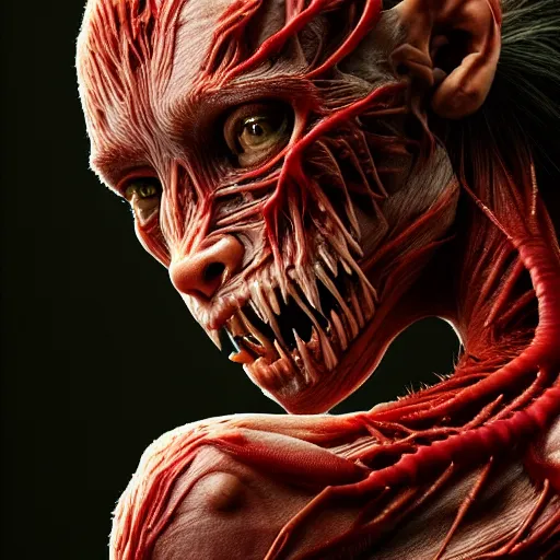 Prompt: female werewolf with translucent skin, visible muscles and veins and arteries and bones and spine and nerves, beautiful detailed intricate insanely detailed octane render, 8K artistic photography, photorealistic, chiaroscuro, by David Cronenberg, Raphael, Caravaggio