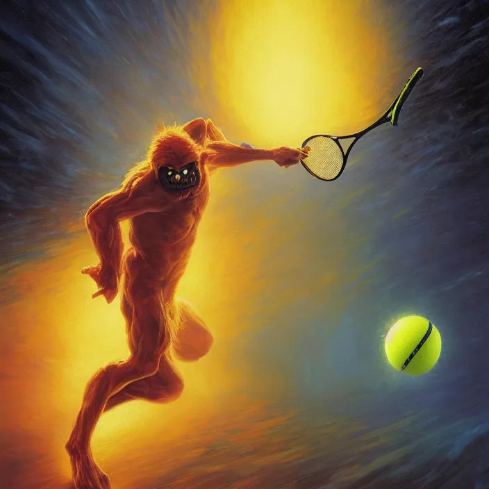 Prompt: cinematic portrait of a tennis ball monster in the abyss of space, oil on canvas, masterpiece, trending on artstation, featured on pixiv, cinematic composition, dramatic pose, beautiful lighting, sharp details, hyper-detailed, HD, HDR, 4K, 8K, art by Tim Hildebrandt and Wayne Barlowe and Bruce Pennington and ruan jia and larry elmore