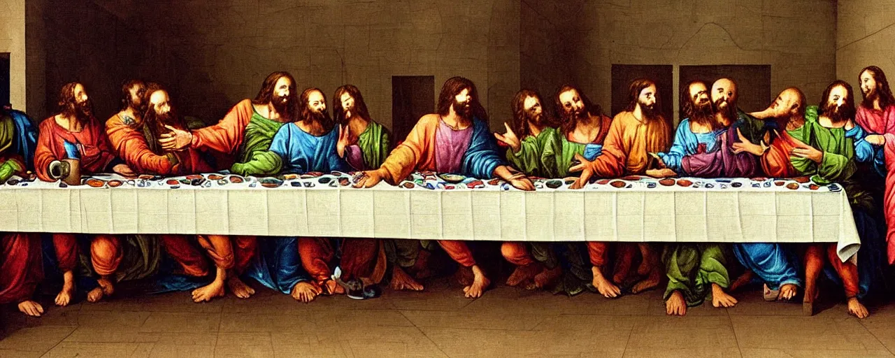 Prompt: the last supper painting with aliens and humanoids
