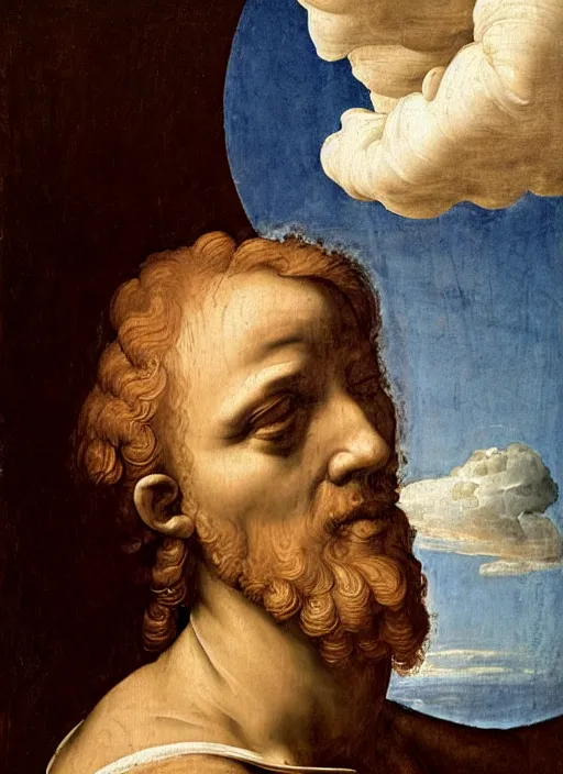 Image similar to renaissance painting of a weeping face enclosed in a circular cloud, painted by raffaello