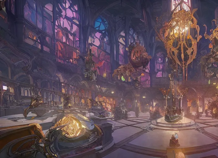 Image similar to arcane themepark interior designed by todd white, rendered by artgerm and greg rutkowski and alphonse mucha