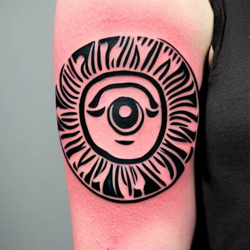 Image similar to tattoo design, stencil, a single eye in the centre of the sun with ancient symbols flowing around it