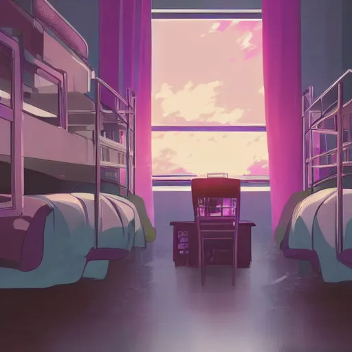 Prompt: a beautiful landscape image of a singular huge cyperbunk apartment with pink and purple coloured light coming from windows located on a seacoast, waves, clear sky, breathtaking clouds, anime style, by makoto shinkai