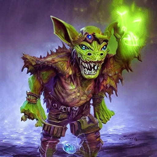 Image similar to a highly detailed goblin with blue skin and green eyes that glow, like magic the gathering, goblin chainwalker, with water in the background, digital art, by christopher rush