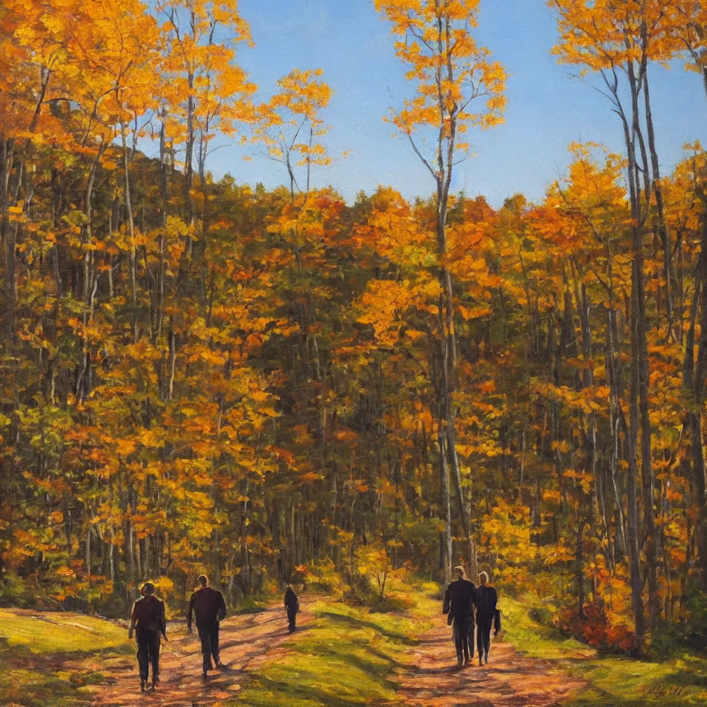 Image similar to modern american realist oil painting of walking together in the late afternoon golden hour light of gatineau park in october