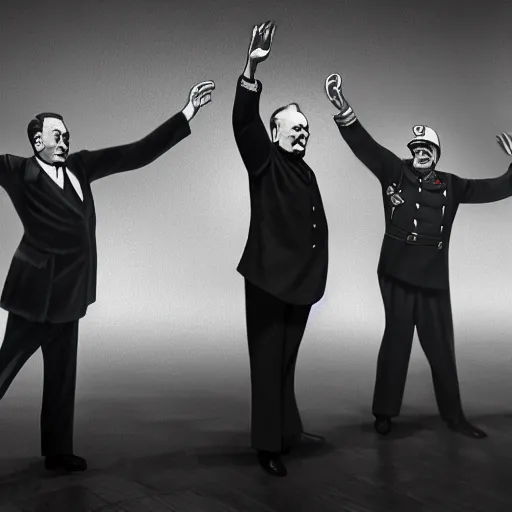 Prompt: Stalin, Churchill and Franklin Roosevelt dancing with the stars, colorized, fantasy painting,hyperrealistic, highly detailed, depth of field, High definition, 8k, octane render, artstation