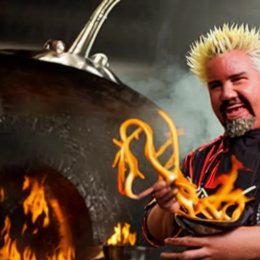 Image similar to guy fieri with tentacles and blade like hair and sharp teeth, in a restaurant kitchen with fire and boiling oil, film still from the movie directed by denis villeneuve with art direction by salvador dali