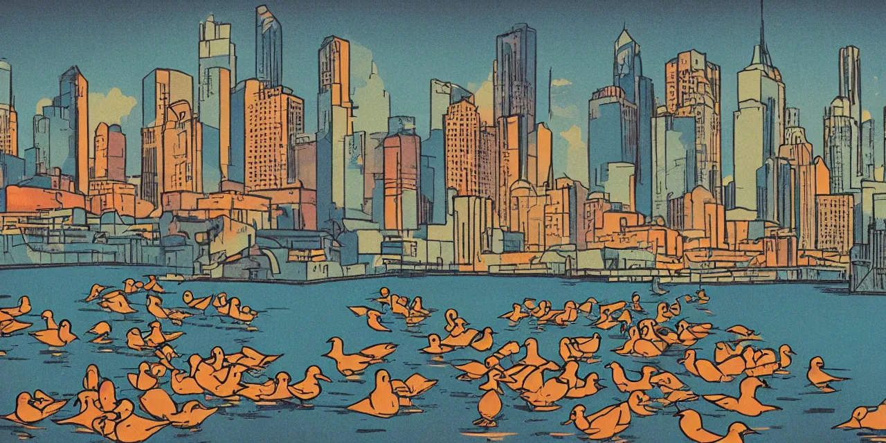 Image similar to comic book style, art deco era, landscape, city, park, ducks