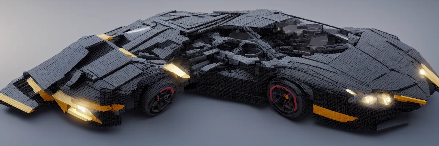 Image similar to black lego lamborghini on a race track. soft light. cinematic. intricate. close - up shot. highly detailed. matte painting in the style of craig mullins. octane render. 8 k. trending on artstation