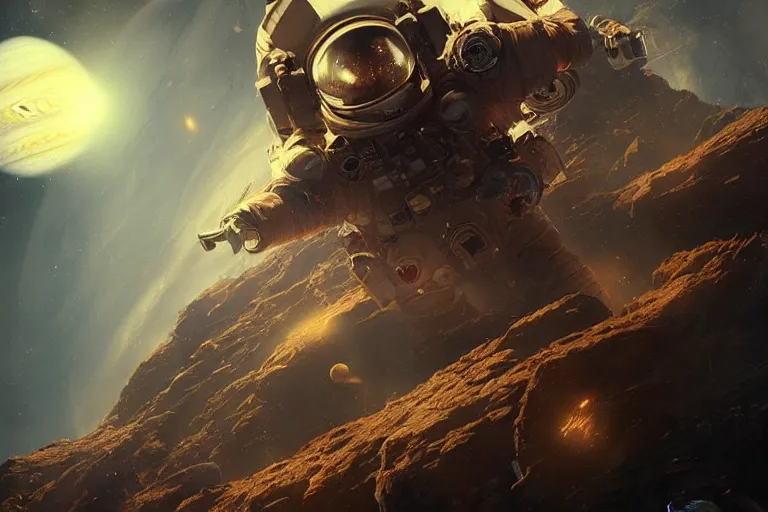 Prompt: burning!! astronaut!! falling through the majestic clouds of jupiter!!, by cedric peyravernay, highly detailed, excellent composition, cinematic concept art, dramatic lighting, trending on artstation