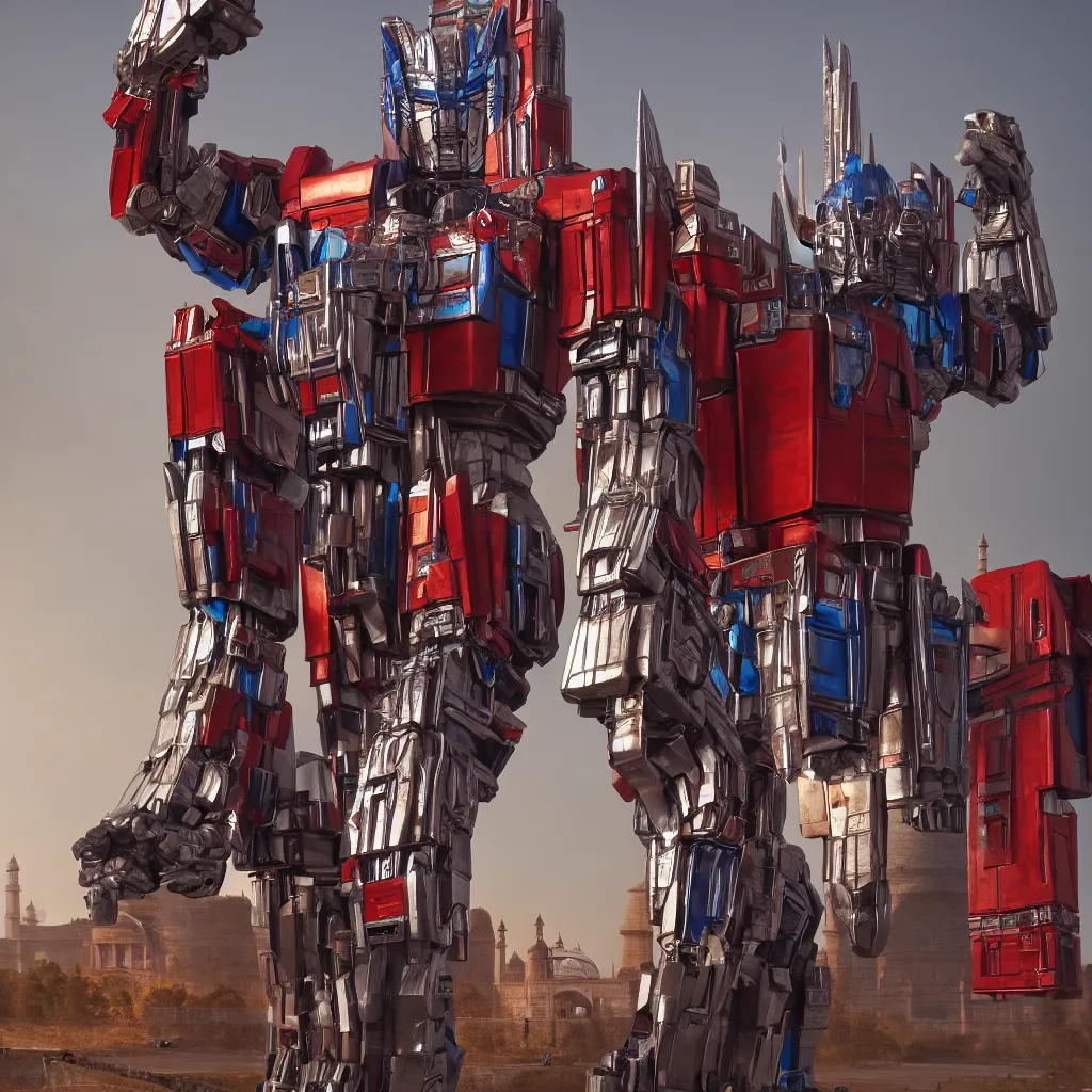 Image similar to optimus prime standing near taj mahal, octane render, volumetric lighting, art by furio tedeschi, hyper detailed