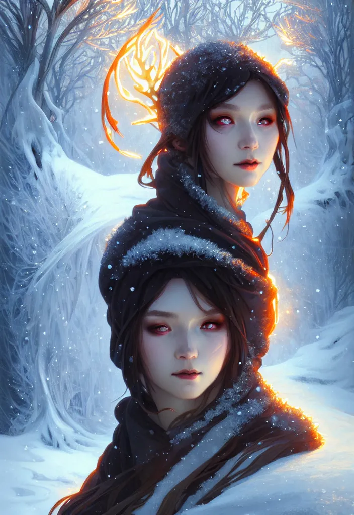 Image similar to beautiful ancient frost witch, eye fire, snow glow, snowfall, highly detailed, digital painting, artstation, sharp focus, illustration, art by tan zi and ayanamikodon and alphonse mucha and wlop