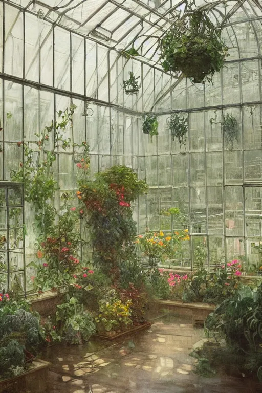 Image similar to a beautiful painting of a greenhouse, beside the window, rainy, gloomy and depressed, dark, low saturation, rococo, by krenz cushart and mucha and monet, trending on artstation.