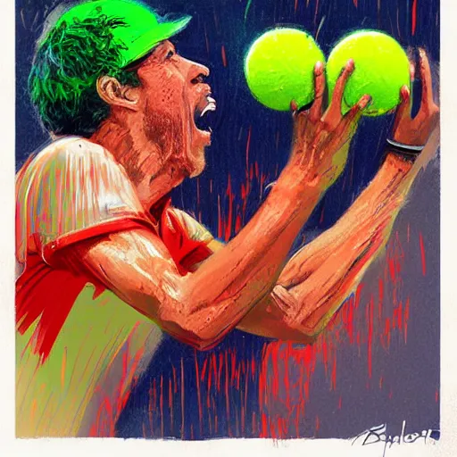 Image similar to raining tennis balls, chalk, colorful, digital art, fantasy, magic, trending on artstation, ultra detailed, professional illustration by Basil Gogos