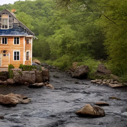 Prompt: a movie still of a river running past a cottage, by wes anderson, cinematic, uhd, 8k,