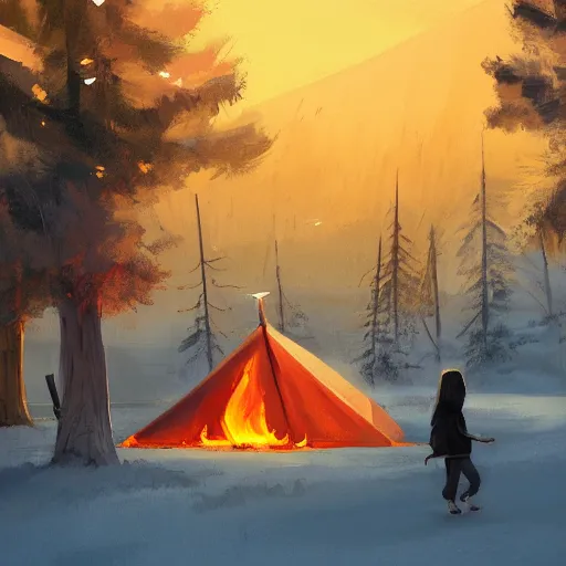 Image similar to a camp with tents on fire, burning down, shadows of 3 girls watching the camp burn, snow, dusk, painted by Sylvain Sarrailh, trending on Artstation