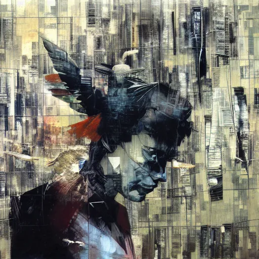 Image similar to a bird moving between urban informatics and computational social science, oil on canvas by dave mckean and yoji shinkawa