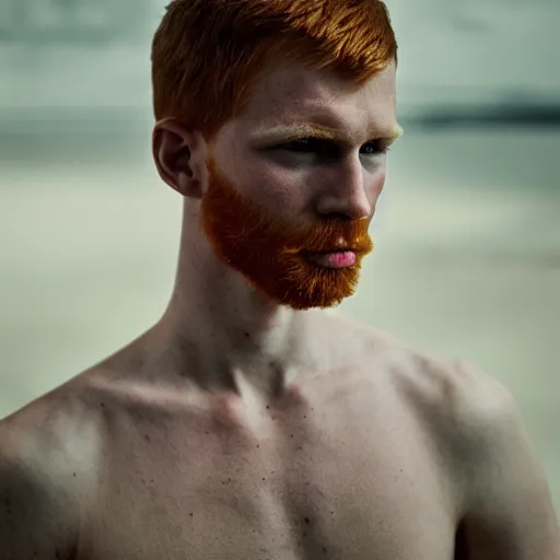 Image similar to color portrait of a very pale ginger male model by emmanuel lubezki