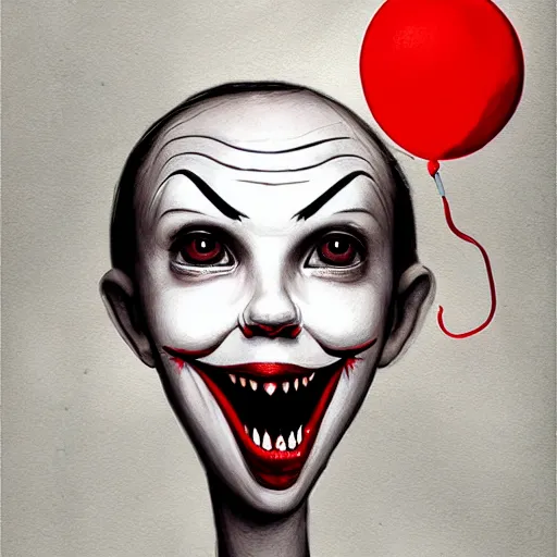 Image similar to surrealism grunge cartoon portrait sketch of millie bobby brown with a wide smile and a red balloon by - michael karcz, loony toons style, pennywise style, horror theme, detailed, elegant, intricate