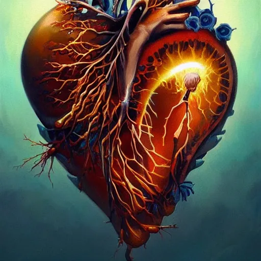 Prompt: a beautiful painting by Grzegorz greg rutkowski and Anato Finnstark of an anatomically correct heart bursting out of an anatomically correct skeletal rib-cage and exploding into rainbows and sunflowers, trending on artstation hq