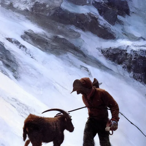 Image similar to a hiker man with a goat on top of a icy mountain, cinematic, painting by craig mullins