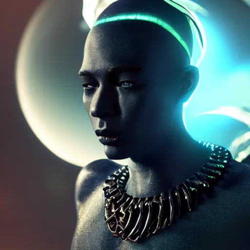 Prompt: cinematic shot of a young beautiful humanoid alien king, his skin is black iridescent, wears titanium jewlery, his hair moves with the cosmic wind, has a beautiful face, has pierced ears, unreal engine 5 for a expensive movie 8 k