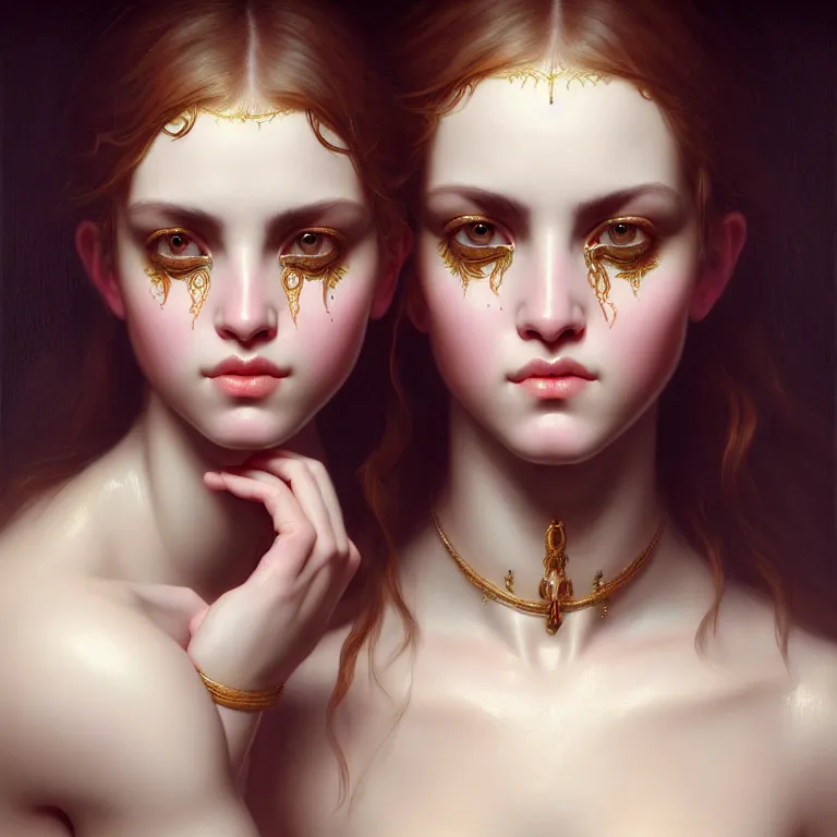 Image similar to epic professional symmetrical digital art of sweet eyes, clear skin, accent lighting, painted, intricate, detailed, cheery, fun, effervescent, by roberto ferri, epic, stunning, gorgeous, much wow, much detail, cinematic, masterpiece, unreal engine render