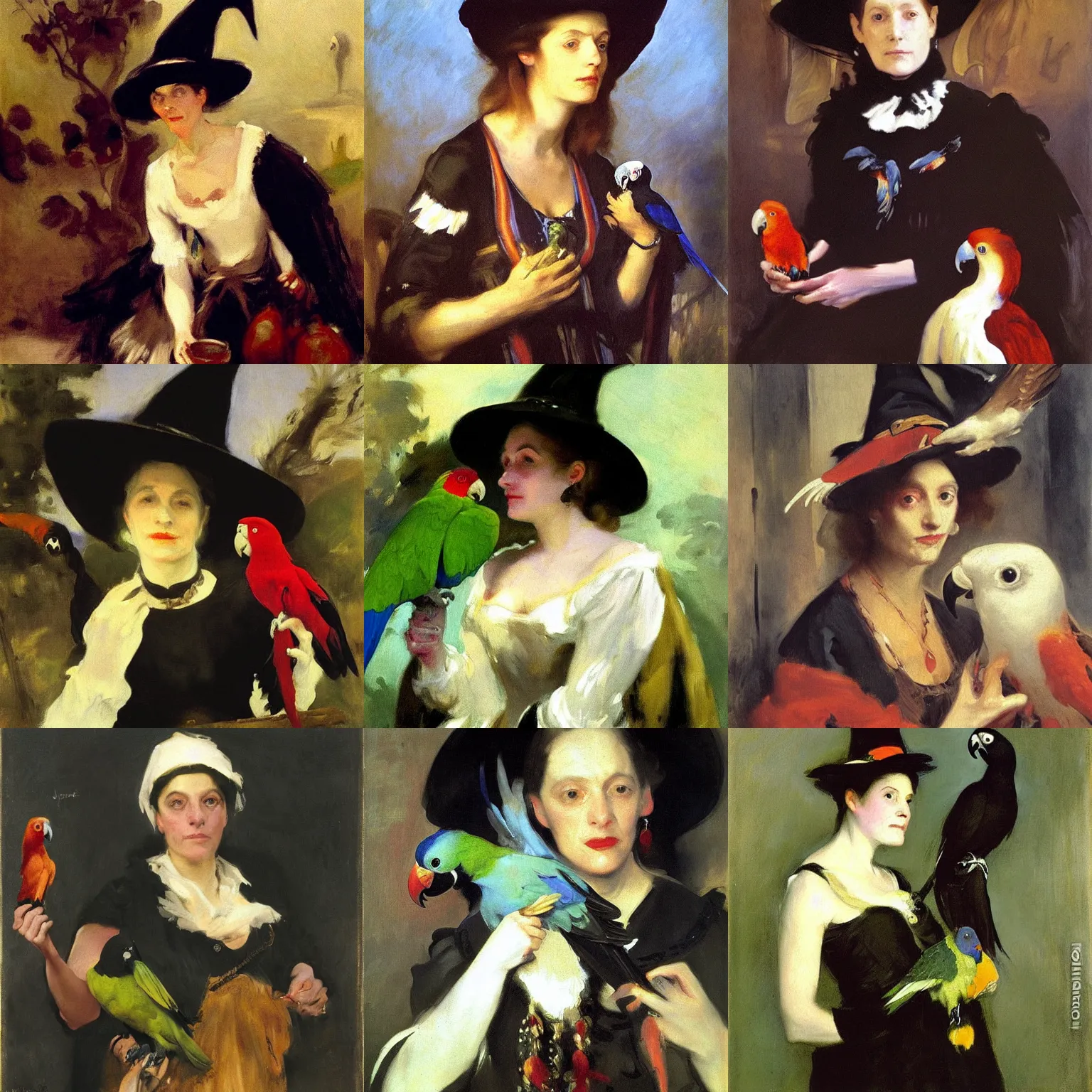 Prompt: portrait of a witch with a parrot, john singer sargent, oil on canvas, very very detailed