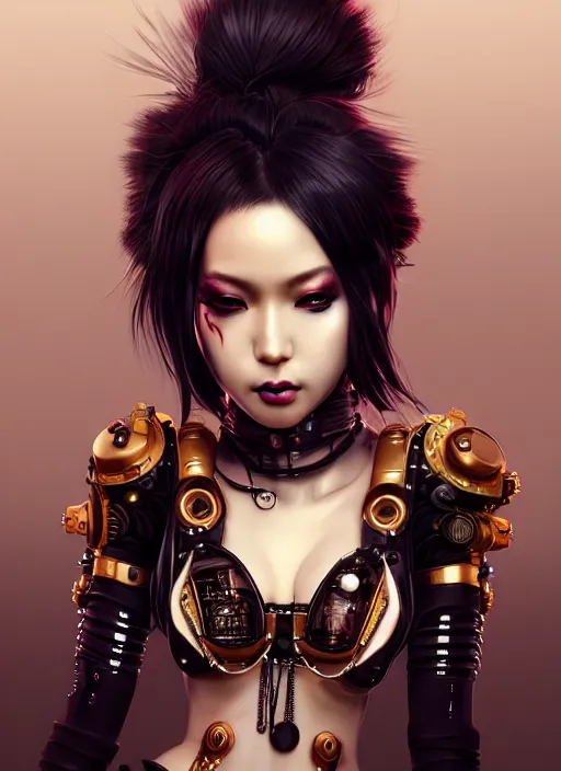 Image similar to soft lustrous ebony geisha seductive raver gutter punk steampunk cyborg, yakuza, golden ratio, details, scifi, fantasy, cyberpunk city, intricate, decadent, highly detailed, octane render, digital painting, artstation, concept art, sharp focus, illustration, art by artgerm, loish, wlop