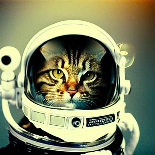 Image similar to Lomotype candid photography of an astronaut brown tabby cat with a bubble as a helmet, visiting Saturn, surrounded by bubbles