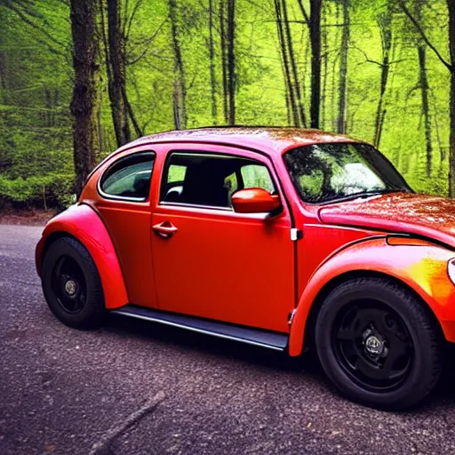 Image similar to promotional scifi - blockbuster movie scene of an insect - ladybug'glossy volkswagen beetle'hybrid. the hybrid is 2 / 3 ladybug. it is flying down a dusty backroad along a gentle creek in smokey mountains tennessee. cinematic, muted dramtic color, 4 k, imax, 7 0 mm, hdr