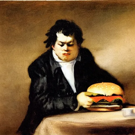 Prompt: man eating a burger, Francisco Goya