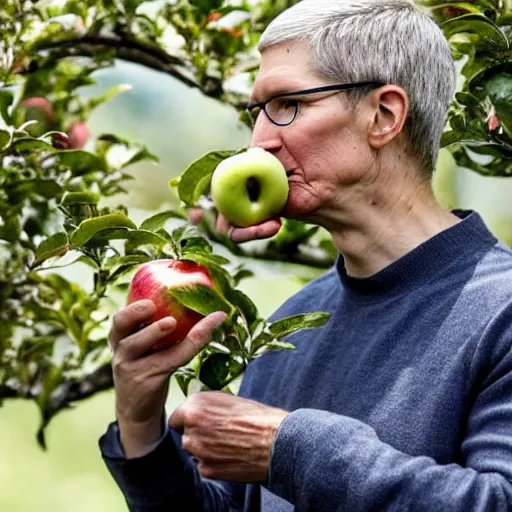 Image similar to tim cook eating apple inside an apple tree