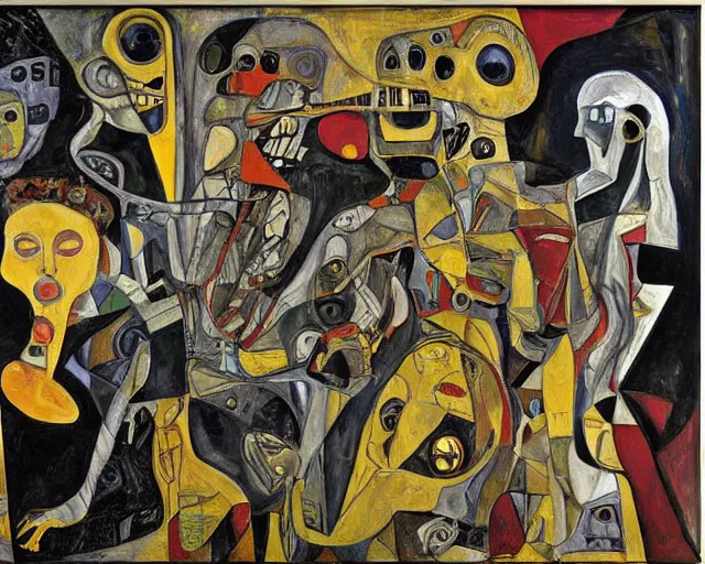 Image similar to a painting of guernica with aliens and robots by graham sutherland, egon schiele, gustav klimt, neo - expressionism