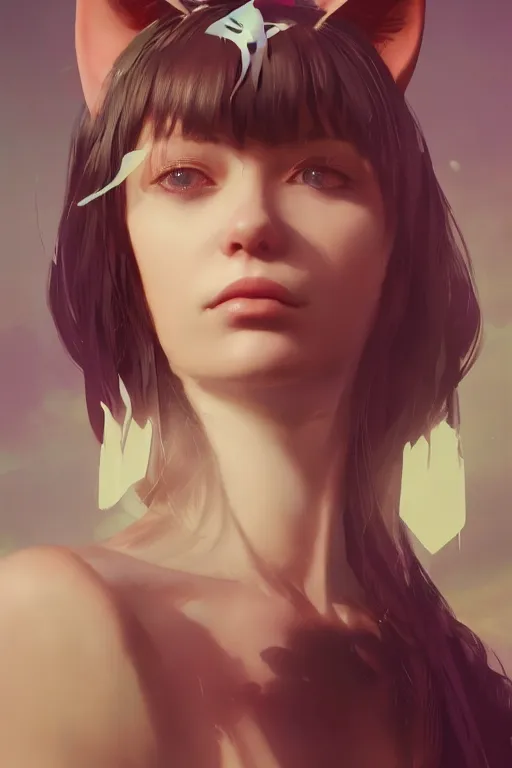 Prompt: A fancy portrait of an attractive women with cat ears by Greg Rutkowski, beeple, Sung Choi, Mitchell Mohrhauser, Maciej Kuciara, Johnson Ting, Maxim Verehin, Peter Konig, final fantasy, macro lens , 8k photorealistic, cinematic lighting, HD, high details, dramatic, dark atmosphere, trending on artstation