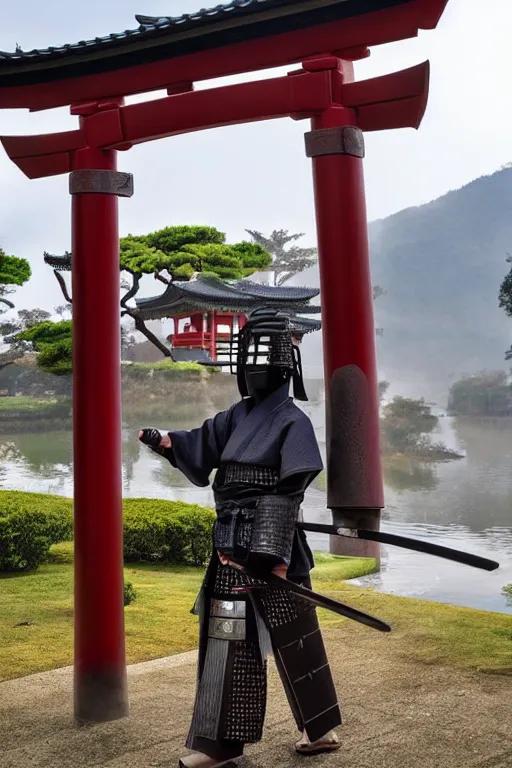 Image similar to a godlike and indomitable helmeted samurai wielding their Odachi before a large Torii gate, the rising sun in the background. Photo realistic. Award winning