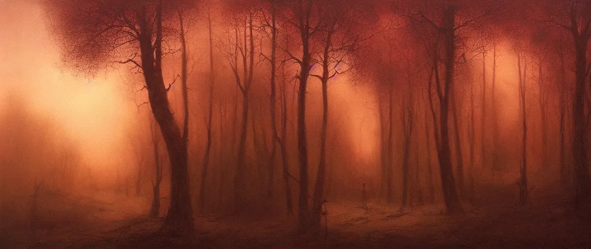 Prompt: old small village in a mystical forest, oil painting, beksinski, red sky, misty, atmospheric, eerie, horror, 8 k, high details