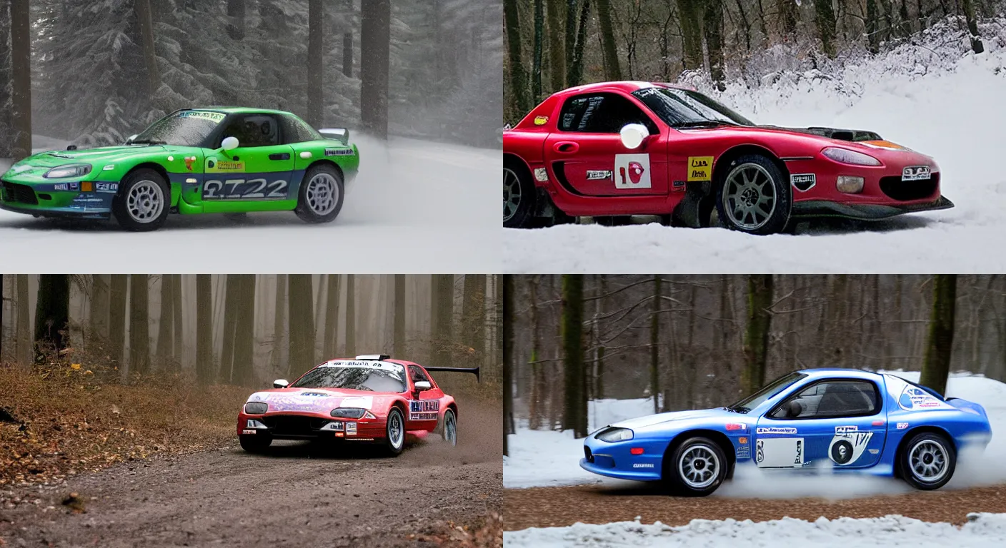 Prompt: a 2 0 0 2 mazda rx - 7 spirit r type a, racing through a rally stage in a snowy forest