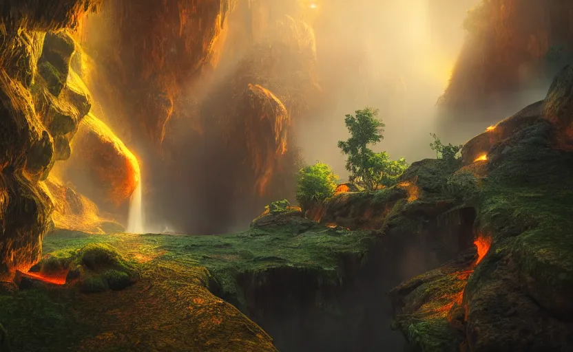 Image similar to a beautiful and stunning professional digital artwork of a glowing infernal cave, haze, smoke floating in the air, waterfall, volumetric lighting, hyperrealistic, rtx on, ultra detail