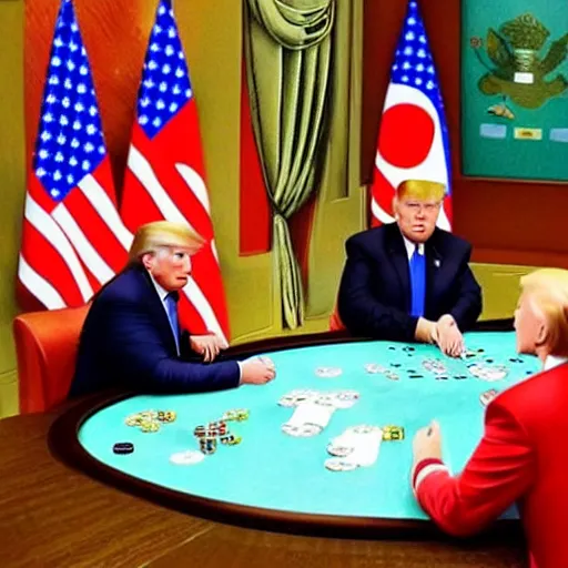 Prompt: putin trump xi kim jong un playing poker at a round table award winning photo realistic