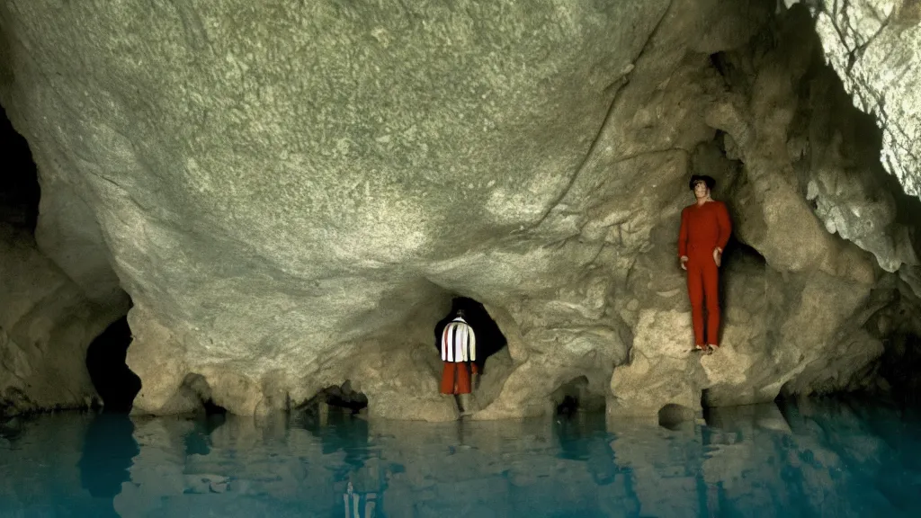 Image similar to a man exploring a cave off of a lake in France, film still from the movie directed by Wes Anderson and Jacques Tati with art direction by Salvador Dalí, wide lens