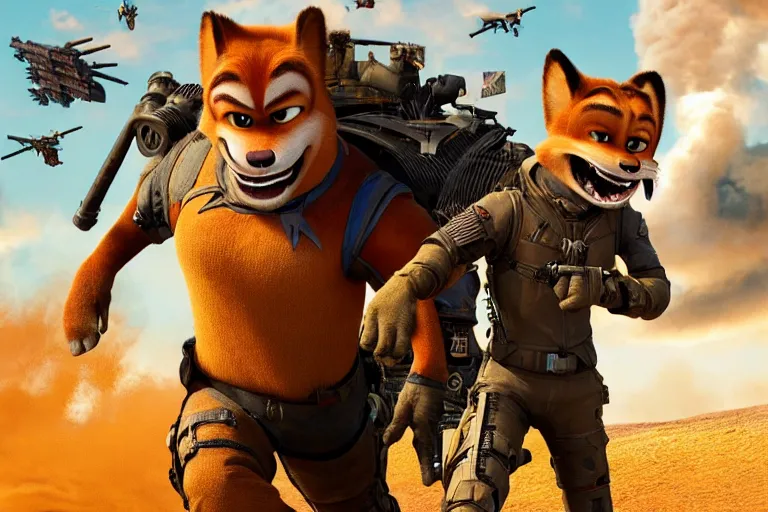 Image similar to nick wilde, heavily armed and armored facing down armageddon in a dark and gritty reboot from the makers of mad max : fury road : witness me